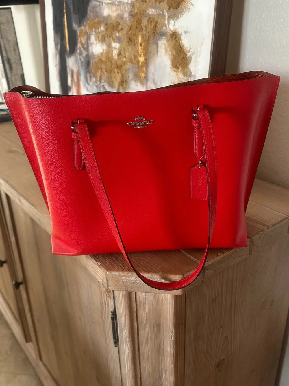 Coach Red Leather Tote with Silver Logo Hardware